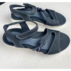 Clarks Glide Sandals‎ Women's size 8M Navy Textile Wedge Heel Comfort Sandals